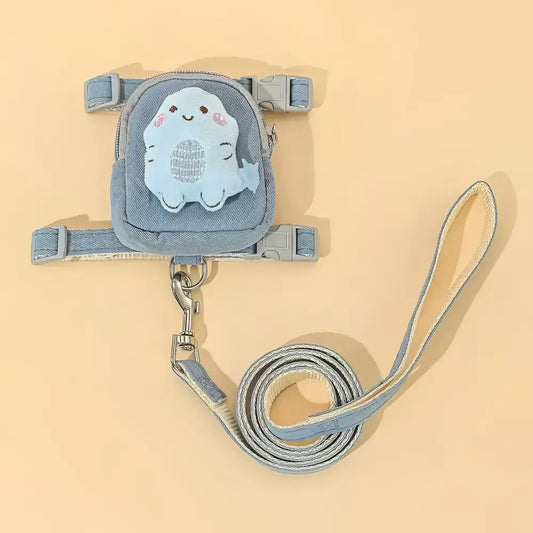 Cartoon plush toy dog harness and leash set for small to medium pets