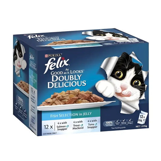 Purina felix doubly delicious fish selection in jelly pouch wet cat food pack 12x85g