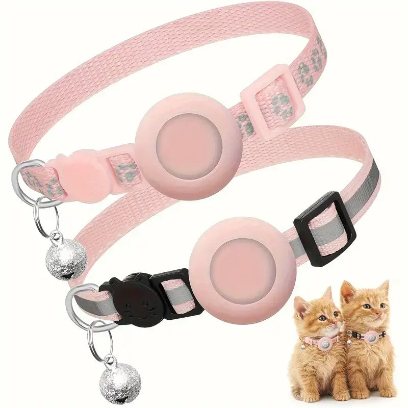 Reflective breakaway cat collar pack with adjustable holder and bell pink