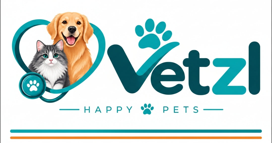 Vetzl image banner featuring a golden retriever and a gray cat inside a teal heart outline , alongside a teal paw print and the brand name Vetzl on a white background.