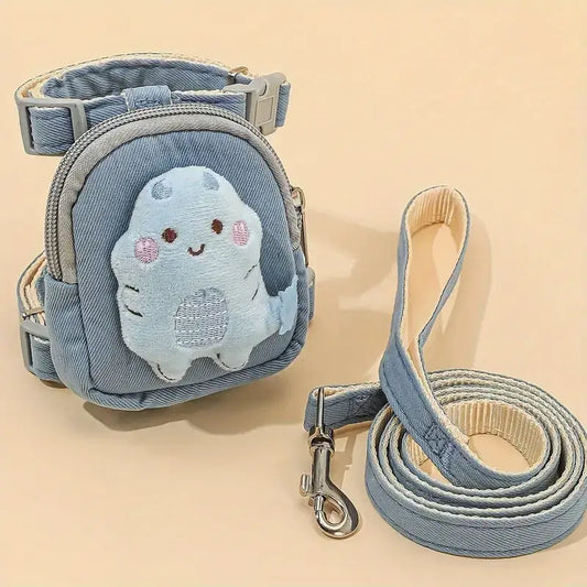 Cartoon plush toy dog harness and leash set for small to medium pets blue