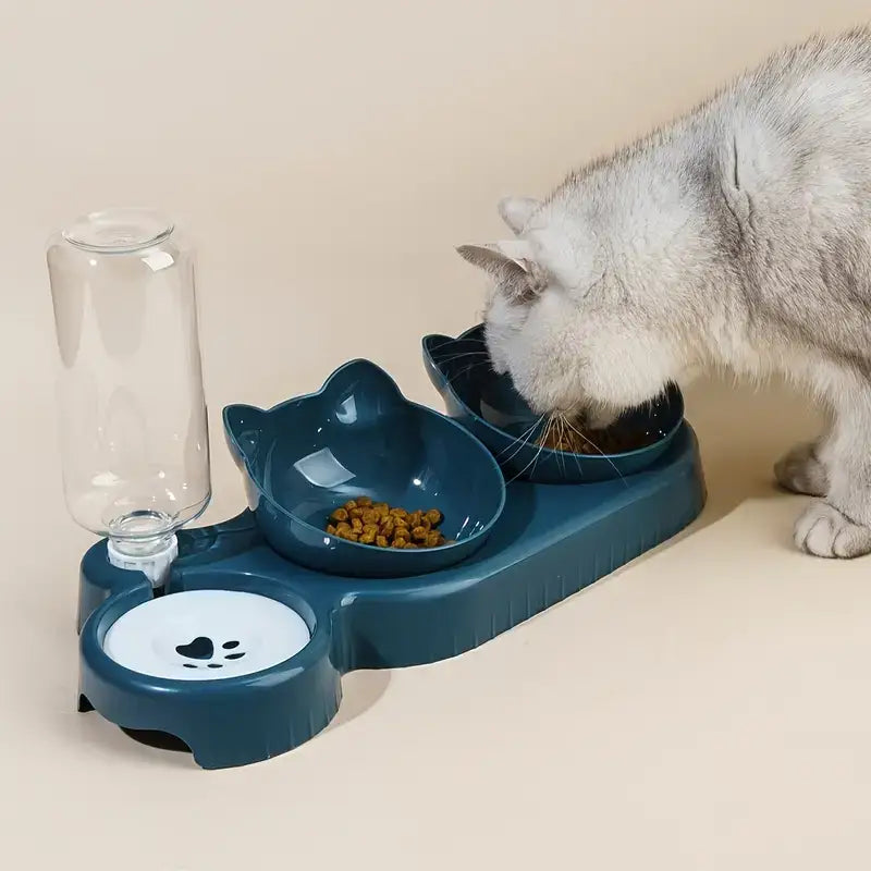 Cat feeder with dual bowls and automatic water dispenser in ear design